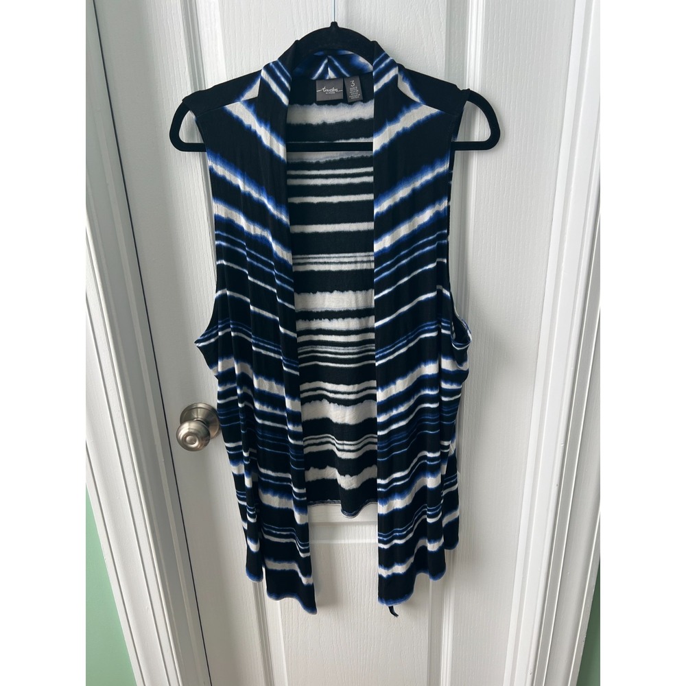 Chico's Travelers Womens Cardigan Blue White‎ Water Stripes Open Front Size 3 XL